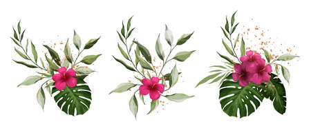 Hibiscus, tropical exotic leaves isolated on white background. Gold splashes of decoration. Realistic Plant Composition. Watercolor tropical floral bouquet set For wedding, greetings, fashion.のイラスト素材