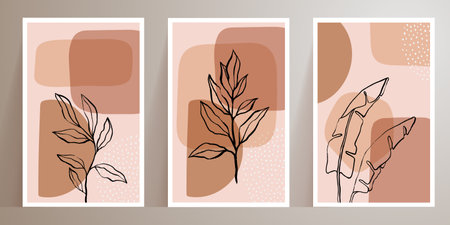 Leaves line art drawing with abstract shape. Contemporary abstract plant. Botanical wall art vector set. Modern minimalist aesthetic illustrations. Bohemian style for wall prints, poster, home decor.のイラスト素材