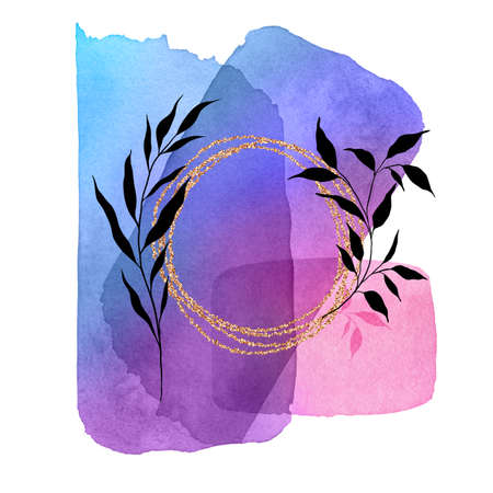 Black plants, leaves, branches with gold frame on watercolor shapes. Abstract fluid art collection. Blue, violet, pink watercolor Illustration. Modern Nature Wall art print set.の写真素材