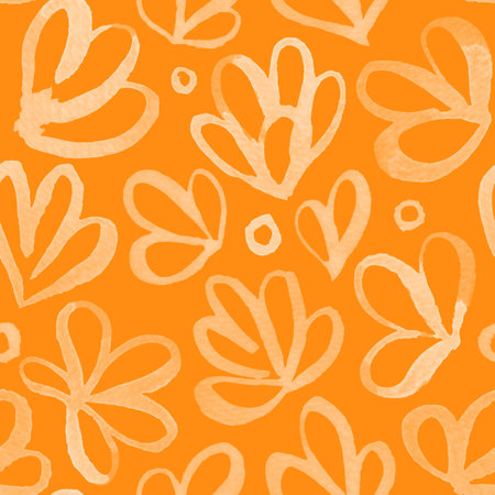 Abstract Watercolor flowers seamless pattern. Modern Artistic plants, flowers hand drawn with brush White ink over paper. Children drawing crayons on orange backgroundの写真素材