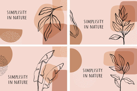 Set of abstract colorful backgrounds, patterns, highlight covers. Hand drawn doodle objects, shapes, spots, leaf, flower, plants, freehand lines. Contemporary trendy icons for socialのイラスト素材