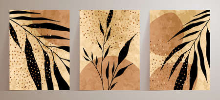Black palm leaf, gold splashes, drops drawing with abstract shape. Abstract Botanical wall art vector set. Earth tone boho watercolor minimalistic background with doodles Plant geometric hand paintedのイラスト素材