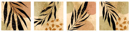 Black palm leaf, gold splashes, drops drawing with abstract shape. Abstract Botanical wall art vector set. Earth tone boho watercolor minimalistic background with doodles Plant geometric hand paintedのイラスト素材