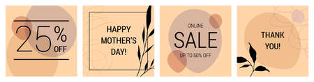Vector set of Social Media post, stories, bloggers, advertising template, cover, Mockup, invitations, banners. Mothers Day design with purple, beige color.のイラスト素材