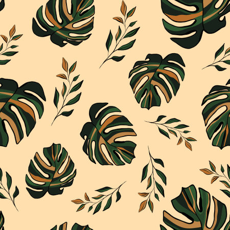 Contemporary tropical seamless pattern. Abstract terracotta pastel hand drawn palm, monstera leaves on beige background. Exotic plant prints. Creative Collage multicolored floral textureのイラスト素材