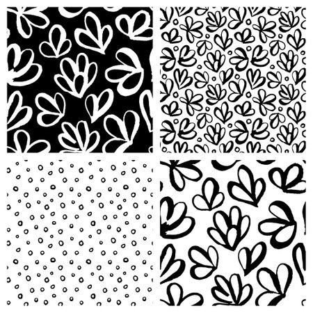 Abstract seamless pattern. Modern Artistic plants, flowers hand drawn with brush on black background. Children drawing crayons in doodle style. Contemporary White ink over paperのイラスト素材