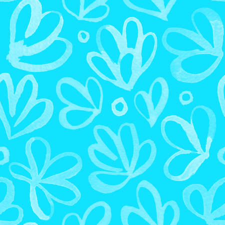 Abstract Watercolor flowers seamless pattern. Modern Artistic plants, flowers hand drawn with brush, Colored ink over paper. Children drawing crayons on blue backgroundの写真素材