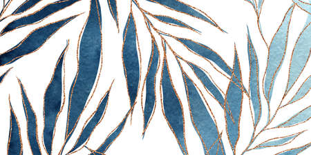 Pattern of blue palm leaves with golden lines. Watercolor freehand drawing of leaves, branches. Luxury leaf botanical modern art deco wallpaper background. Line arts background designの写真素材