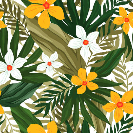 Abstract tropical floral seamless pattern with palm, leaves, flower hibiscus. Tile with tropical leaf. botanical hand drawn background. Collage contemporary illustrationのイラスト素材
