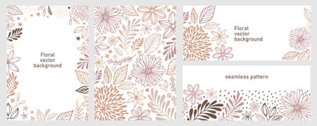 Set of universal hand drawn floral template for cover. Home decor, backgrounds, cards. Children abstract and floral design in doodle style. Vector illustration and seamless patternのイラスト素材