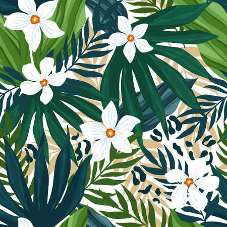 Botanic seamless pattern with exotic flowers, jungle plants, leaves, animal skin, hand drawn background. Abstract floral pattern. Tile with tropical leaf.のイラスト素材