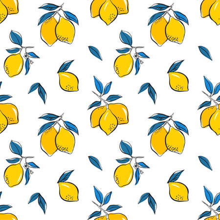 Abstract pattern with lemons on branch, leaves and geometric shapes. Vector seamless texture. Tropical seamless pattern with yellow lemons. Fruit repeated background.のイラスト素材