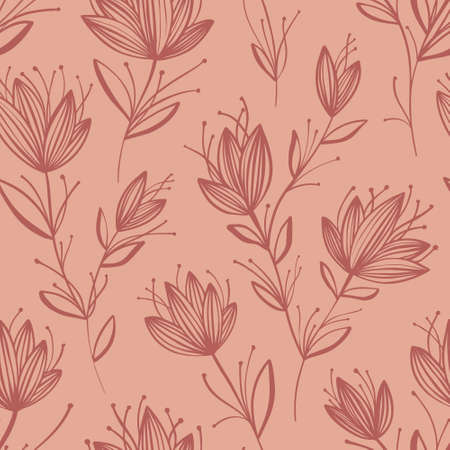 Seamless pattern of abstract flowers, drawn by line by hand. Monochrome sketch of wildflowers. Ink drawing for drawing ornaments, patterns, tattoos, invitations, designのイラスト素材