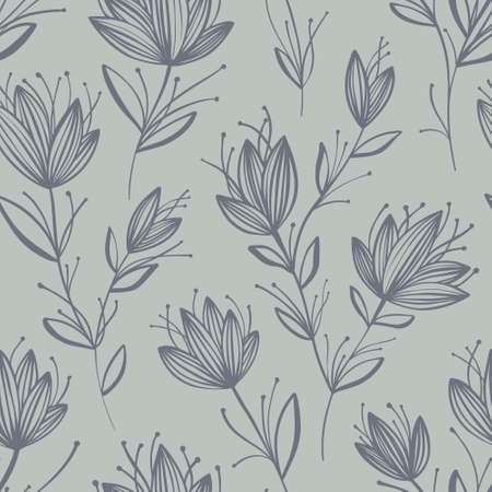 Seamless pattern of abstract flowers, drawn by line by hand. Monochrome sketch of wildflowers. Ink drawing for drawing ornaments, patterns, tattoos, invitations, designのイラスト素材