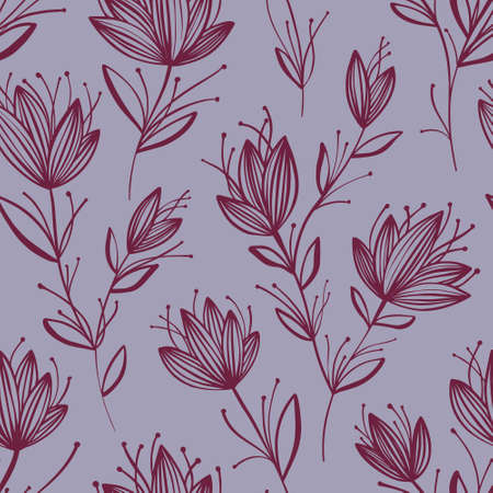 Seamless pattern of abstract flowers, drawn by line by hand. Monochrome sketch of wildflowers. Ink drawing for drawing ornaments, patterns, tattoos, invitations, designのイラスト素材