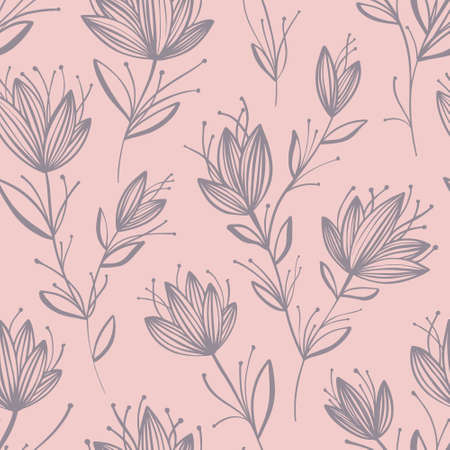 Seamless pattern of abstract flowers, drawn by line by hand. Monochrome sketch of wildflowers. Ink drawing for drawing ornaments, patterns, tattoos, invitations, designのイラスト素材