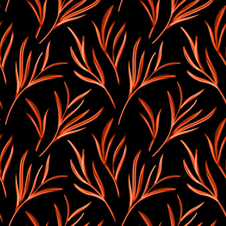 Artistic seamless pattern with abstract leaves. Seamless pattern with plant elements. Orange autumn branches with leaves isolated on black background. bright botanical ornament in traditional style.の写真素材