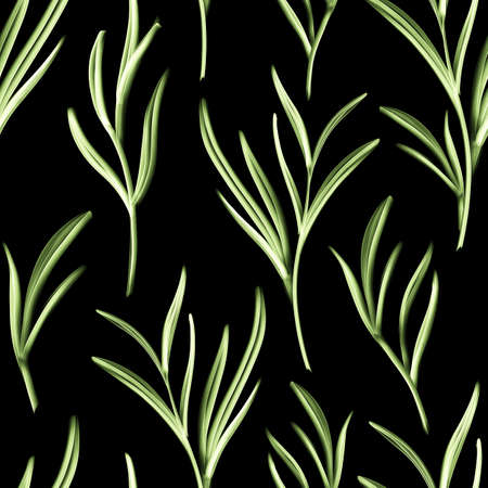 Artistic seamless pattern with abstract leaves. Seamless pattern with plant elements. Green summer branches with leaves isolated on black background. bright botanical ornament in traditional style.の写真素材