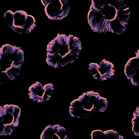 Artistic floral seamless pattern. Bright flowers hand drawn with oil paints on a black background.の写真素材