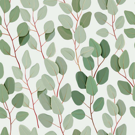 Seamless vector floral pattern. Green leaves and branches eucalyptus on green background. Hand painted Floral illustration. tropical greenery branches background. Forest leavesのイラスト素材