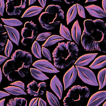 Artistic floral seamless pattern. Bright flowers hand drawn with oil paints on a black background.の写真素材