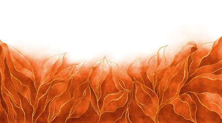 Orange watercolor background. Gold leaf line drawn with brush. Textured paper with place for text. Veins of marble texture. Autumn border pattern. Elegant luxury hand-painted wallpaperの写真素材