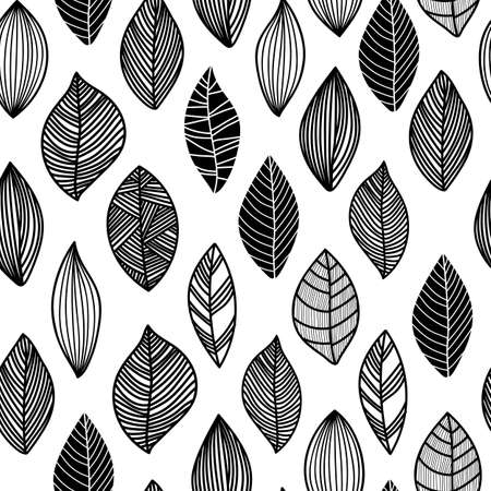 Vector hand drawn set of silhouette leaves in outline on white background. Set of line drawn leaves. Freehand sketch of autumn forest leaves for patterns, designs, of the autumn holidays.のイラスト素材