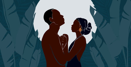 Set of profile portrait african american woman and man. They stands in jungle with large tropical monstera leaf and palm leaves. Dark blue night with moon vector background in the jungle. Flat styleのイラスト素材