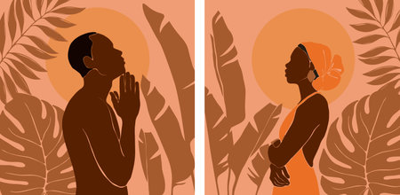 Afro American man stands in the jungle. The arms are folded over the chest. african black man profile portrait. Night or morning landscape with sun or moon background with banana leaves and palm tree.のイラスト素材