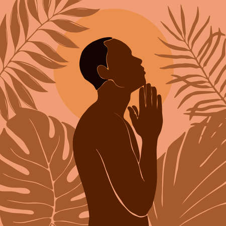 Afro American man stands in the jungle. The arms are folded over the chest. african black man profile portrait. Night or morning landscape with sun or moon background with banana leaves and palm treeのイラスト素材