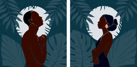 Set of profile portrait african american woman and man. They stands in jungle with large tropical monstera leaf and palm leaves. Dark blue night with moon vector background in the jungle. Flat styleのイラスト素材