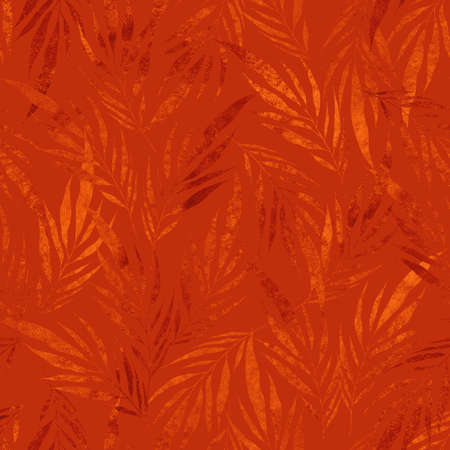 Seamless pattern Red and orange leaves of palm tree. Abstract nature background. Autumn dry leaf pattern. Watercolor hand draw branches botanical art. Modern tropical wallpaper. aged velvet textureの写真素材
