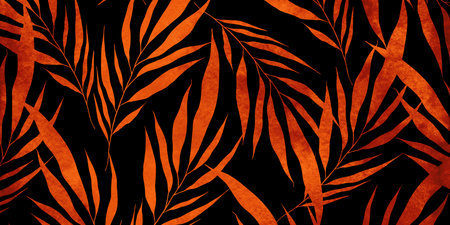 Red and orange Watercolor leaves of palm tree on white background. Abstract nature wallpaper. Autumn dry leaf pattern. hand draw branches, leafy botanical modern artの写真素材
