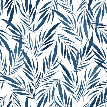 Seamless pattern blue Watercolor leaves of palm tree on white background. Abstract nature wallpaper. Winter leaf pattern. Hand draw branches, leafy botanical art. modern tropical wallpaperの写真素材