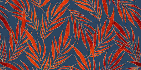 Abstract Nature background. Pattern of Red and orange palm leaves with golden lines on blue background. Watercolor freehand drawing of leaves, branches. Luxury leaf botanical modern art deco wallpaperの写真素材