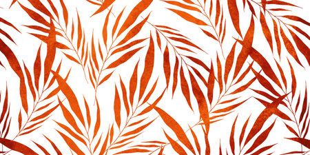 Red and orange Watercolor leaves of palm tree on white background. Abstract nature wallpaper. Autumn dry leaf pattern. hand draw branches, leafy botanical modern artの写真素材