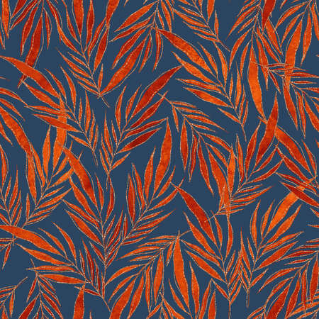 Seamless pattern abstract nature background. Red and orange palm leaves with golden lines on blue background. Watercolor hand drawing of leaf, branches. Luxury botanical modern, art deco wallpaperの写真素材