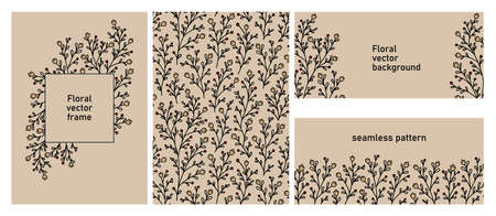 Set of universal hand drawn floral template, frame, pattern, backgrounds, cards. Vector illustration and seamless pattern in pastel colors. Abstract floral design in doodle styleのイラスト素材