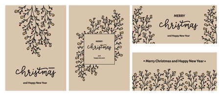 Set of universal hand drawn Merry Christmas and Happy Holidays cards, ornate floral template for cover. Children abstract and floral design in doodle styleのイラスト素材