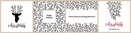 Set of universal hand drawn Merry Christmas and Happy New Year cards, ornate floral template for cover. Deer horns with flowers. Children abstract and floral design in doodle styleのイラスト素材