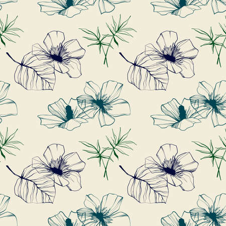 Abstract modern floral seamless pattern. hand drawn hibiscus, flowers, leaves, leaf, palm tree vector sketch. Minimalistic wildflowers design. Colored ink spread over the paperのイラスト素材