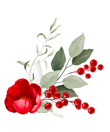 Floral, holly, winter berries in Christmas bouquet. Modern Art composition flower, leaves, berries isolated on white background. Floral frames and backgrounds design. Watercolor botanicalの写真素材