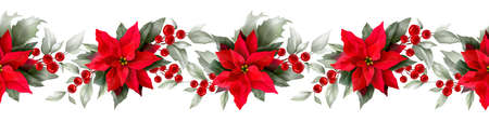 Seamless pattern with Poinsettia, holly, winter berries in Christmas bouquet. Modern universal artistic templates. Corporate Holiday border. Floral backgrounds design. Watercolor botanicalの写真素材
