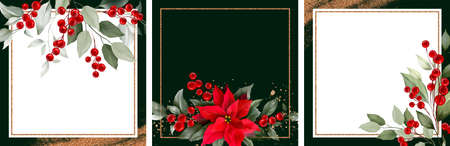Corporate Holiday cards and invitations with Poinsettia, holly, winter berries in Christmas bouquet. Modern universal artistic templates. Floral backgrounds design. Watercolor botanicalの写真素材
