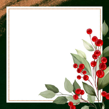Corporate Christmas cards and invitations with Poinsettia, holly, winter berries in bouquet. Modern universal artistic templates. Floral backgrounds design. Watercolor botanical social media post.の写真素材