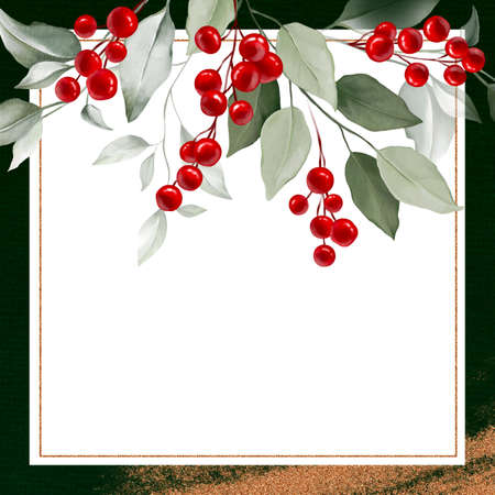 Corporate Christmas cards and invitations with Poinsettia, holly, winter berries in bouquet. Modern universal artistic templates. Floral backgrounds design. Watercolor botanical social media post.の写真素材