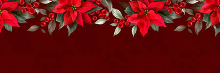 Banner with Poinsettia, holly, winter berries in Christmas garland on red watercolor paper. Universal artistic templates. Corporate Holiday border. Floral backgrounds design. Watercolor botanical.の写真素材