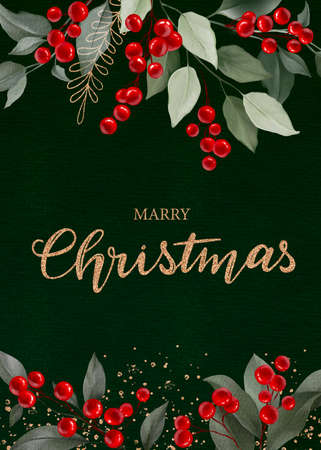 Floral, holly, winter berries in Christmas bouquet. Modern universal artistic templates. Corporate Holiday cards and invitations. Floral frames and backgrounds design. Watercolor botanical.の写真素材