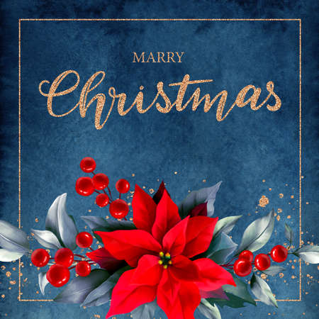 Corporate Christmas cards and invitations with Poinsettia, holly, winter berries in bouquet. Modern universal artistic templates. Floral backgrounds design. Watercolor botanical social media post.の写真素材