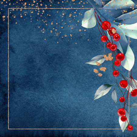 Corporate Christmas cards and invitations with Poinsettia, holly, winter berries in bouquet. Modern universal artistic templates. Floral backgrounds design. Watercolor botanical social media postの写真素材